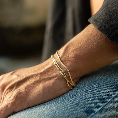 Gold Chain Bracelet for Women Men Trendy - 14K Gold Plated Bracelet Dainty Gold Snake Link Bracelet Stack Simple Jewelry Chain Set Adjustable Bracelet Accessories for Dad Husband 3 Pcs thumbnail 2