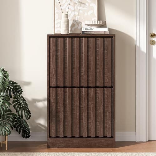 UEV Slim Wooden Shoe Storage Cabinet with 2 Flip Drawers, Modern Narrow Shoe Storage Unit with Ventilated Design, Space-Saving Entryway Shoe Rack, Walnut thumbnail 3