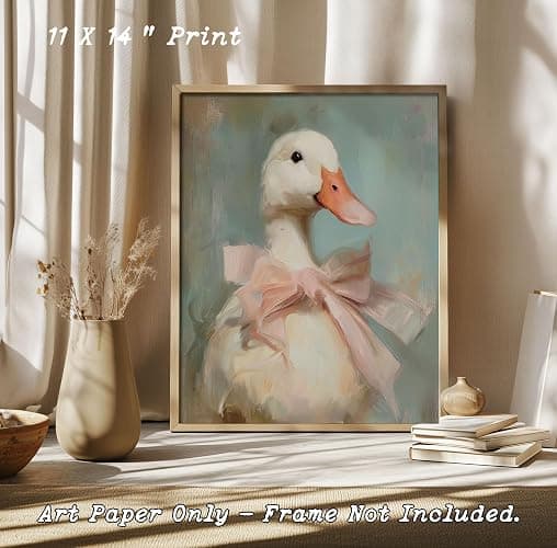 Cute Duck with Pink Bow Wall Art Girly Room Decor College Dorm Wall Art Soft Pastel Tones Painting Print Vintage Aesthetic Wall Decor Kids Room Decor (11 x 14 inch Print) thumbnail 3