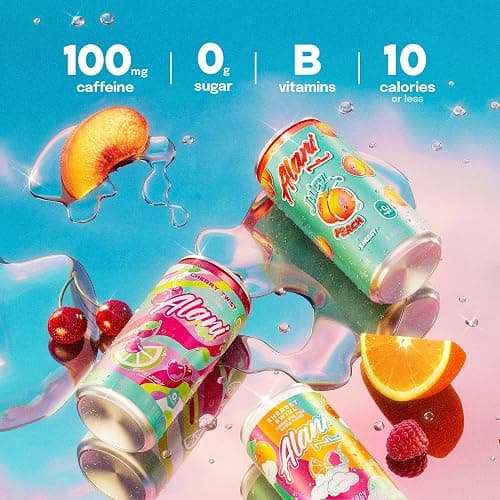 Alani Nu RETRO VARIETY PACK (Sherbet Swirl, Juicy Peach and Cherry Twist), Low Calorie Energy Drinks, 100mg Caffeine, Biotin, B Vitamins, Zero Sugar, 10 Calories or Less, 8 Fl Oz Cans, 12 Pack thumbnail 4