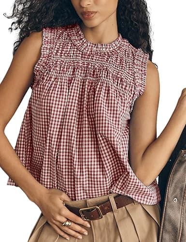 OPCAKM Casual Tops for Women Plaid Babydoll T Shirts Sleeveless Peplum Top Cotton Blouse Summer Shirts Trendy - Image 1