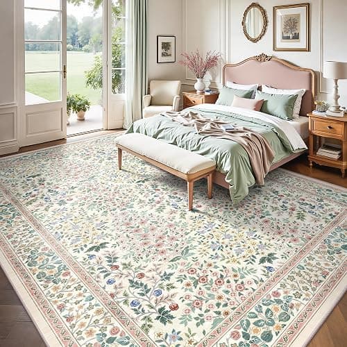 Yarooge 8x10 Area Rugs, Machine Washable Low Pile Floral Rugs for Living Room, Bedroom, Large Boho Area Rug with Non-Slip Backing for Dining Room(Pink Floral) thumbnail 3