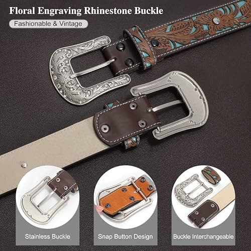 XZQTIVE Women Men Genuine Leather Belt Vintage Ladies Western Belt Engraved Tooled Leather Belt Cowboy Cowgirl Country Belt thumbnail 6