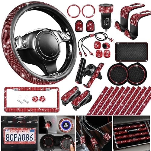 CAR PASS 30 PCS Bling Diamond Car Accessories Set for Women, Bling Steering Wheel Covers 15 Inch, Shining Rhinestone License Plate Frame, Sparkly Phone Holder, Cute Interior Set Decorations, Red - Image 1