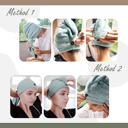 myHomeBody Hair Towel Wrap, Luxury Quick Drying Turban, Ultra Soft Absorbent Charcoal Fiber Cap, with Coconut Shell Button – Pine Green thumbnail 4