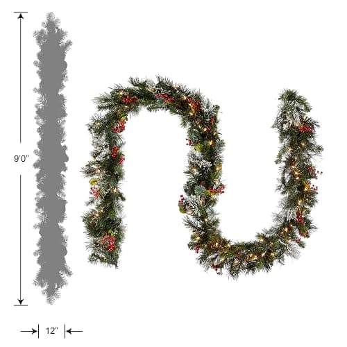 National Tree Company 9 ft Pre-Lit Wintry Pine Flocked Artificial Christmas Garland, Christmas Decoration with Pinecones, Red Berries, 100 Clear Lights, 184 Tips, Green thumbnail 5