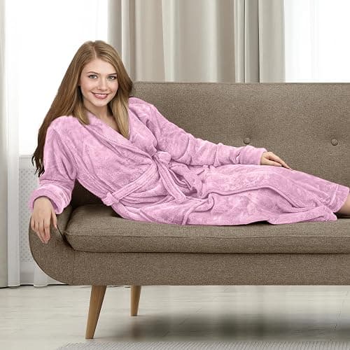 NY Threads Premium Women's Robe Plush Soft Long Bathrobe Warm Fleece Shawl Collar Spa Robe - Large (Pack of 1) - Pink thumbnail 5