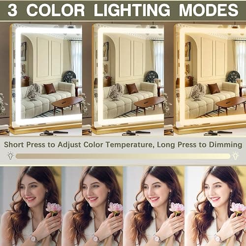 ROLOVE Gold Vanity Mirror with Lights, 32" x 22" Large Lighted Vanity Mirror with Dimmable 3 Modes, LED Makeup Mirror, USB Charging Port, Tabletop or Wall-Mounted thumbnail 4