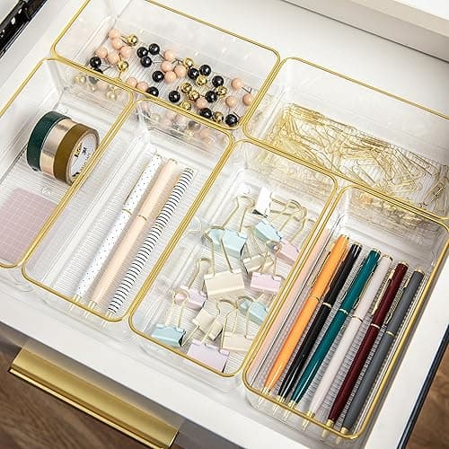 Martha Stewart Kerry Plastic Stackable Office Desk Drawer Organizers, 6" x 3", 6 Pack, with Gold Trim - 6" x 3" - Image 1