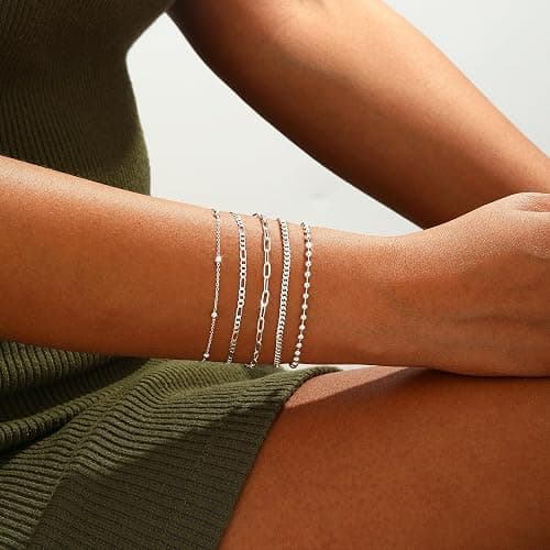 Relveo Gold/Silver Bracelets for Women,14K Real Gold Plated Bracelets Stack Trendy Jewelry Sets Stackable Snake Chain Figaro Paperclip Link Chain Adjustable Bracelet Pack Jewelry for Women thumbnail 3