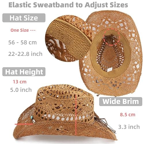 Melesh Straw Cowboy Hat for Women and Men with Shapeable Wide Brim Sun Beach Western Cowgirl Hat thumbnail 4
