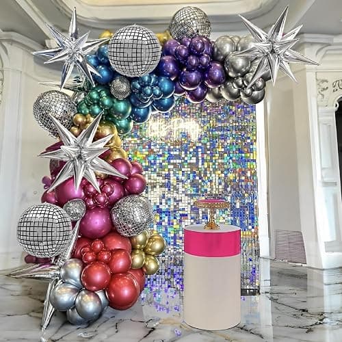 Inflatable Disco Ball Balloons Pack of 14 - 22” Silver Mylar Foil Disco Party Balloons with Star Balloons, Ribbon & Pipe for New Year's Disco Ball Decorations Party, Bachelorette, Birthday Décor thumbnail 2