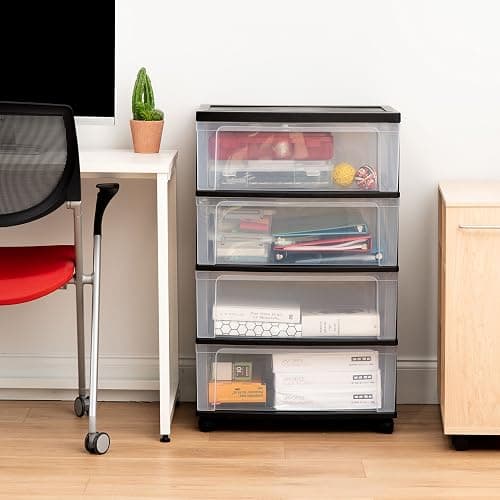 IRIS USA Plastic Drawer Storage Organizer Rolling Cart, with Wheels Casters, 4-Drawers, for Art Craft Supplies Bathroom Dorm Bedroom Laundry Room, Wide, Black thumbnail 2