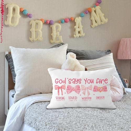 YeiHe Pink Bow Coquette Christian Pillow Covers 12x20, Pink Coquette Room Decor, Girly Bedroom Decor, God Says You are Affirmation Bible Verse Pillow Covers, Christian Gifts for Women Teen Girls thumbnail 4