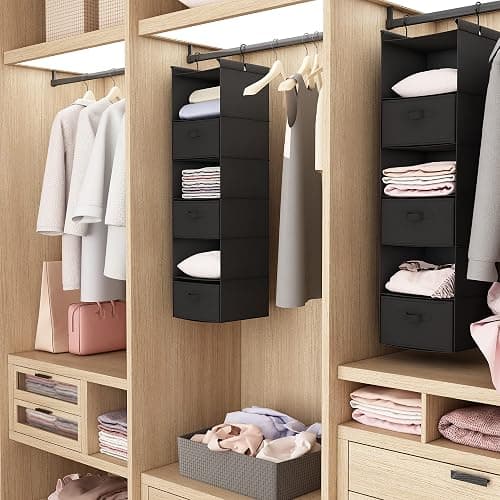 MAX Houser 6 Tier Foldable Hanging Closet Organizer with Hooks, Black-D3 | foldable lightweight fabric closet storage with 3 Drawers, space-saving design for Bedroom, Closet Hanging Shelf for Storage thumbnail 7