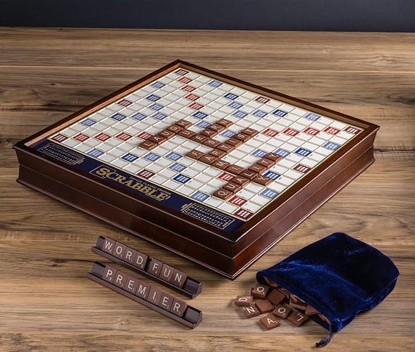 WS Game Company Scrabble Deluxe Edition with Rotating Wooden Game Board and Raised Tile Grid, Board Games for 2-4 Players (Ages 8+) thumbnail 6