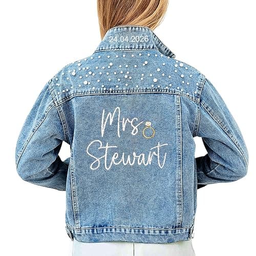Noni Personalized Embroidered Bride Denim Jacket, Future Mrs Jean Jacket With Pearls, Wedding gifts for Bride - Image 1