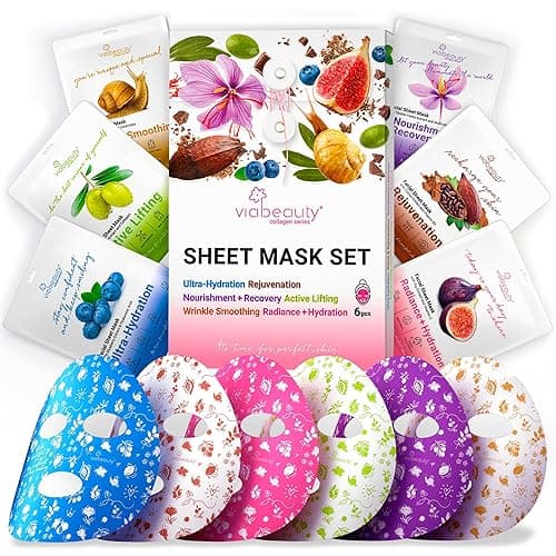 VIABEAUTY 6 Pack of Sheet Face Masks Skincare - Collagen Face Mask Sheets with Hyaluronic Acid, Vitamin C, Snail Mucin - Facial Sheet Mask for Hydrating, Moisturizing, Rejuvenating - 1 Count (Pack of 6) - Sheet Face Masks