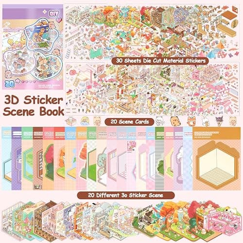 40 Sets DIY 3D Sticker Scene Collection Book Sticker Therapy, 3D House Stickers Set for Kids Adults Make Your Own Shop House Stickers, for Gifts Stress Relief Pass The Time, Cake Shop,Panda Tea Houses thumbnail 6