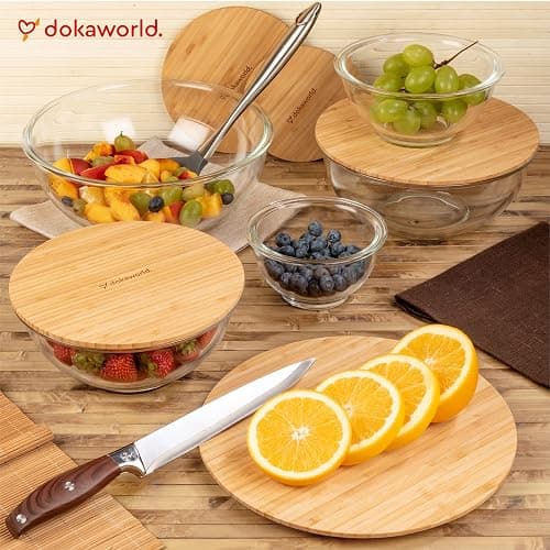 dokaworld Stackable Space-Saving Set of 5 Nesting Glass Bowls with Bamboo Lids for Foodprep, Storage, Baking, Mixing & Cooking, Microwave & Oven Safe BPA Free Heat Resistant Inert Borosilicate Glass thumbnail 2