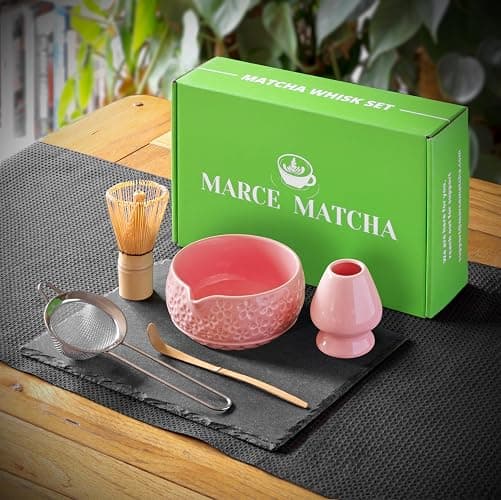 Marce Matcha Whisk Set- Matcha Set includes Matcha Whisk and Bowl with Spout, Sifter, Holder and Scoop- The Perfect Bamboo Whisk for Matcha Tea (Pink Flowers) thumbnail 3
