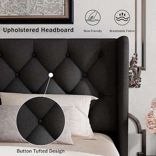 GalnFu Queen Size Bed Frame with Button Tufted Headboard, Upholstered Platform Bed Frame with UnderBed Storage, Wooden Slats Supports, Noise Free, No Box Spring Needed, Easy Assembly, Black thumbnail 3