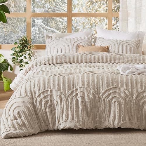 Bedsure Boho Tufted Queen Comforter Set - Beige Boho Bedding Comforter Sets, 3 Pieces Farmhouse Shabby Chic Embroidery Bed Set, Soft Fluffy Cozy Arch Pattern Comforter for All Seasons - Image 1