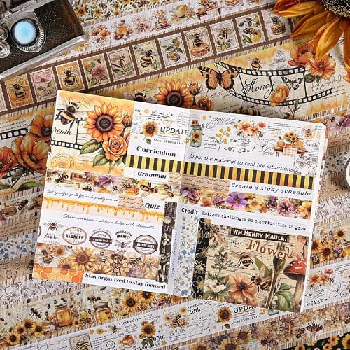 Washi Tape Set 20 Rolls - Vintage Bee Floral Butterfly Botanical Washi Tape Kit, Cute Retro Decorative Tapes for Scrapbooking Supplies,Junk Journal, Bullet Journaling, DIY Art Crafts, Gift Wrapping thumbnail 3