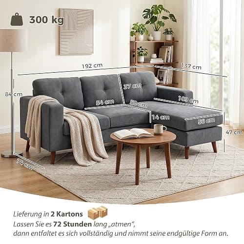 Switdo Ecksofa 3-Sitzer 192 cm Dunkelgrau umkehrbarer Chaiselongue Cord-Optik kompakt für kleine Räume thumbnail 3