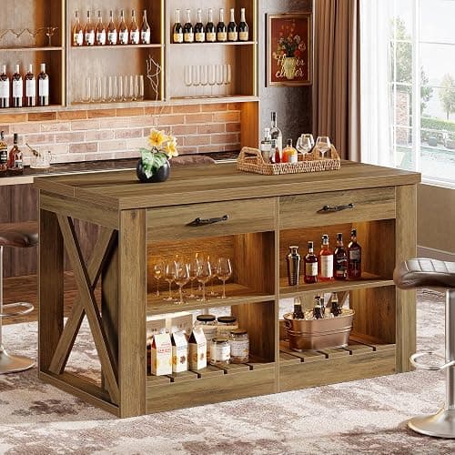 Tribesigns Kitchen Island with Storage and Seating, 55" Farmhouse Stationary Island Table, Wooden Kitchen Bar Table with 2 Drawers and Open Shelf, Brown thumbnail 3