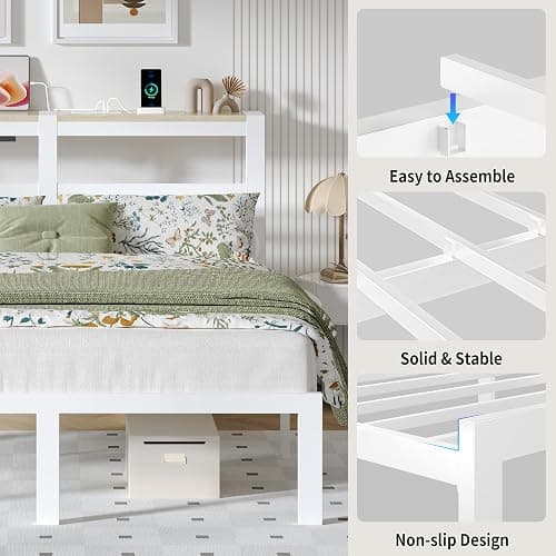 ChicZhiNest Full White Bed Frames with Charging Station and LED Lights, Full Platform Bed with Heavy Duty Metal Slats, Storage Headboard, Under Bed Storage, No Box Spring Needed, Noise Free thumbnail 7