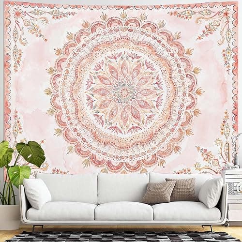 Fowocu Boho Floral Mandala Tapestry Wall Hanging Pink Bohemian Flower Medallion Tapestry Aesthetic Watercolor Hippie Indian Large Tapestries for Bedroom Living Room Dorm Decor 80 x 60 Inch thumbnail 5