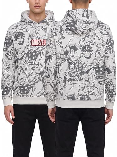 Marvel Mens Graphic Hoodie Soft Fleece Pullover Hooded Sweatshirt for Men | Bold All-Over Comic Print Featuring Hulk, Spider-Man, & Iron Man, Relaxed Regular Fit, Ribbed Cuffs - Image 1
