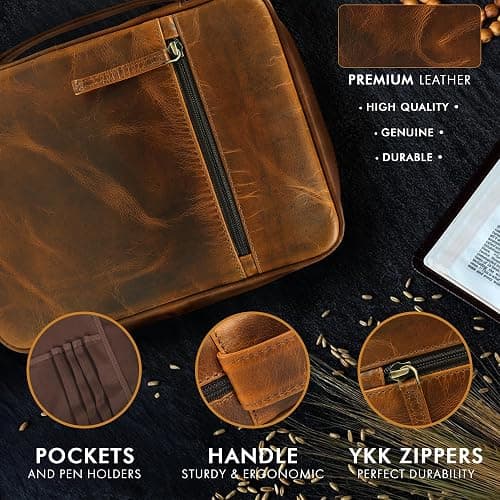 ELIZO Leather Bible Cover for Men Bible Case Women Holder Carrying Organizer Wrap Sleeve Protector Christian Religious Gift Cross Bookmark – Large Antique Brown thumbnail 5