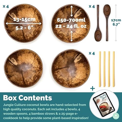 Jungle Culture 4 Polished Coconut Bowl & Wooden Spoons Set with Bamboo Straws • Smoothie Bowls Ideal for Ninja Creami • Healthy Yoghurt & Acai Bowls • Natural Coco Shell Eco Friendly Vegan Gifts thumbnail 3