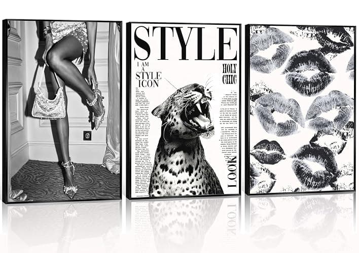 3Pcs Trendy Black and White Leopard Canvas Wall Art Vintage Newspeper Cheetah Wall Decor Fashion Girl Poster Heels Lips Picture Luxury Feminist Painting Print Artwork for Apartment Dorm,Unframed - Image 1