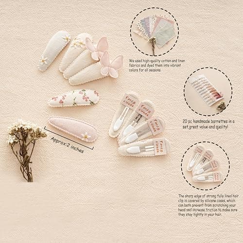 Fancy Clouds 20 Pack Baby Hair Clips for Girls Toddler,Neutral Fabric Snap Clips Pins With Embroidery Daisy Flower Butterfly,Handmade Hair Accessories Barrettes for School Age Kids Children Gifts thumbnail 2