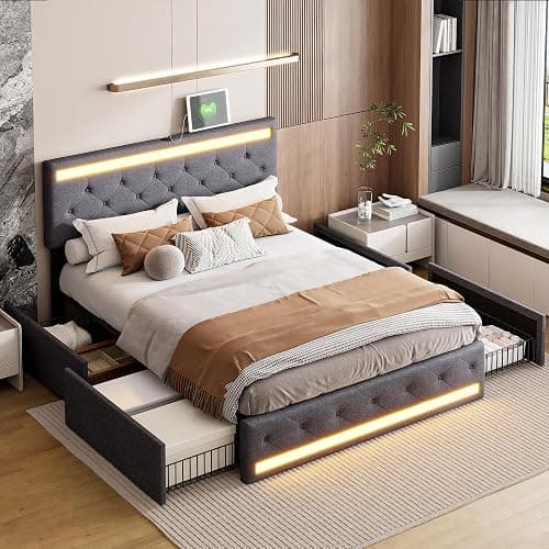 Aneutr Lit 140x200 avec sommier LED et Charge USB Type C, LIt Double rembourré avec 4 Tiroirs, Lit Coffre avec Tête de Lit Rembourrée Ajustable, Lits 2 Personnes, Facile à Assembler,Lin thumbnail 5