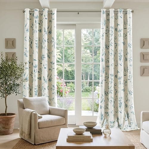 ChrisDowa Beige 100% Blackout Floral Curtains 84 Inches Long 2 Panels for Bedroom Living Room Teal Flower Patterned Room Darkening Thermal Insulated Soundproof Grommet Window Treatments Drapes,52X84 thumbnail 9
