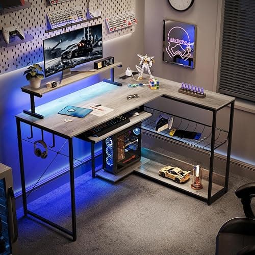 IAISRO L Shaped Gaming Desk with Power Outlets & RGB Lights, 46'' L- Shaped Desk Computer Corner Desk with Monitor Stand & Storage Shelf & Hook, Home Office Desk Writing Desk, Grey - Image 1
