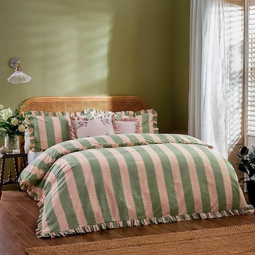 furn. Wylder Birdie Stripe Duvet Cover Set – Reversible Cotton Rich Frilled Cottagecore Stripe Design with Ruffle Trim (Pink/Green - Double) - Image 1