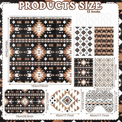 FuWeave 8 Pcs Western Aztec Shower Curtain Set Geometric Vintage Bathroom Decor Boho Abstract Pattern Waterproof Shower Curtain Aztec Towels Non Slip Rug Toilet Lid Cover Bath Mat with 12 Hooks thumbnail 2