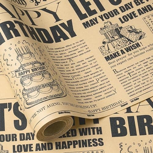 RUSPEPA Kraft Birthday Newspaper Wrapping Paper Roll, Vintage Retro Birthday Headlines with Party Cake & Gifts Design, Kraft Gift Wrap for Adult Milestone Celebration, Party, 17 Inches x 16.4 Feet - Image 1