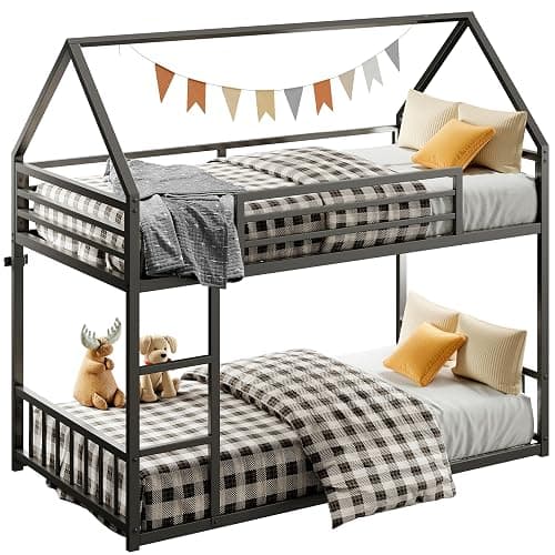 LIKIMIO Bunk Bed Twin Over Twin, House Bunk Bed Frame with Ladder and Guardrail, House Shaped with Metal Slats for Dormitory and Bedroom, Space Saving, No Box Spring Needed, Black thumbnail 8