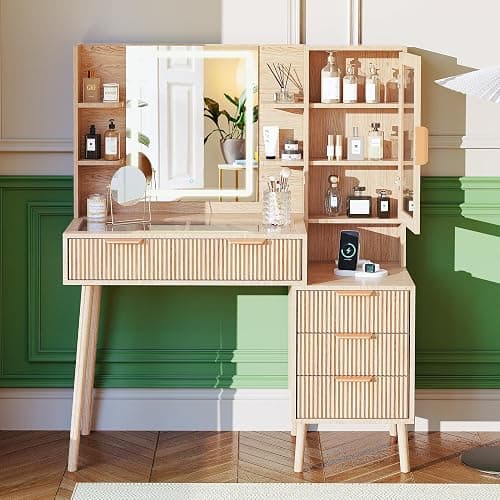 Fkhouse Fluted Makeup Vanity with Mirror and Lights,5 Drawers Glass Top Vanity Desk with Glass Door Cabinet,Power Outlet,6 Shelves,9-Grid Organizer,Lighting Adjustable Dressing Table,Natural Oak thumbnail 7