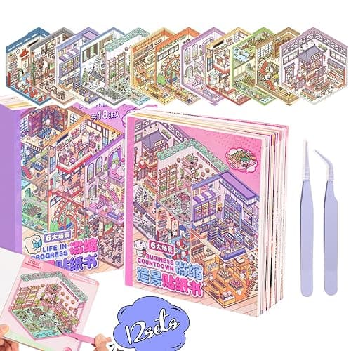 3D Sticker Scene Book Sticker Therapy for Adults and Kids 2 Books with 12 Sets of DIY 3D House Stickers Featuring Various Themes - Image 1