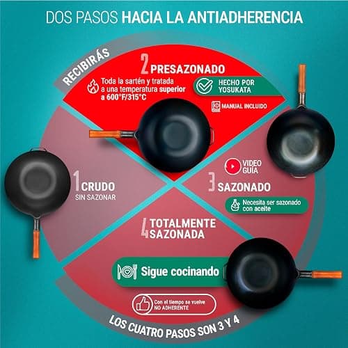 YOSUKATA Sarten Wok de Acero al Carbono 34 cm - Pre-sazonado Wok Fundo Plano - Wok Induccion Tradicional - Sin Сobertura Química - Compatible Con Cocinas de Gas, Inducción, Eléctricas y Fuego Abierto thumbnail 8