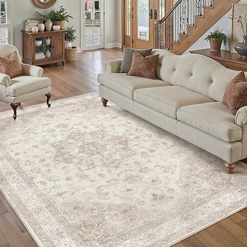 PureCozy Beige 5x7 Washable Area Rug Vintage Oriental Medallion Carpet | Soft Low Pile, Non Slip, Stain Resistant, Large, Neutral Retro Decor for Living Room, Bedroom, Dining Room, Kids Room - Image 1