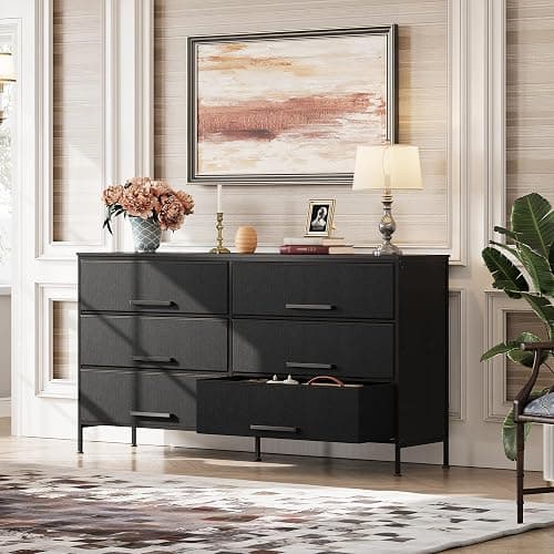 WLIVE 6 Drawer Dresser for Bedroom Large, Fabric Black Dresser TV Stand for 55, 60, 65, 70 inch TV, Wide Long Chest of Drawers with Deep Drawer for Closet, Bedroom, Living Room, Hallway - Black - Large 6 Drawer thumbnail 4