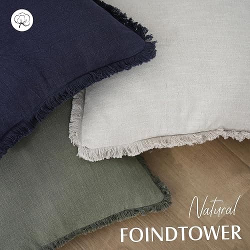Foindtower Set of 2 Decorative Linen Fringe Throw Pillow Covers Cozy Boho Farmhouse Cushion Cover with Tassels Soft Accent Pillowcase for Couch Sofa Bed Living Room Home Decor, 22×22 Inch, Olive Green thumbnail 5